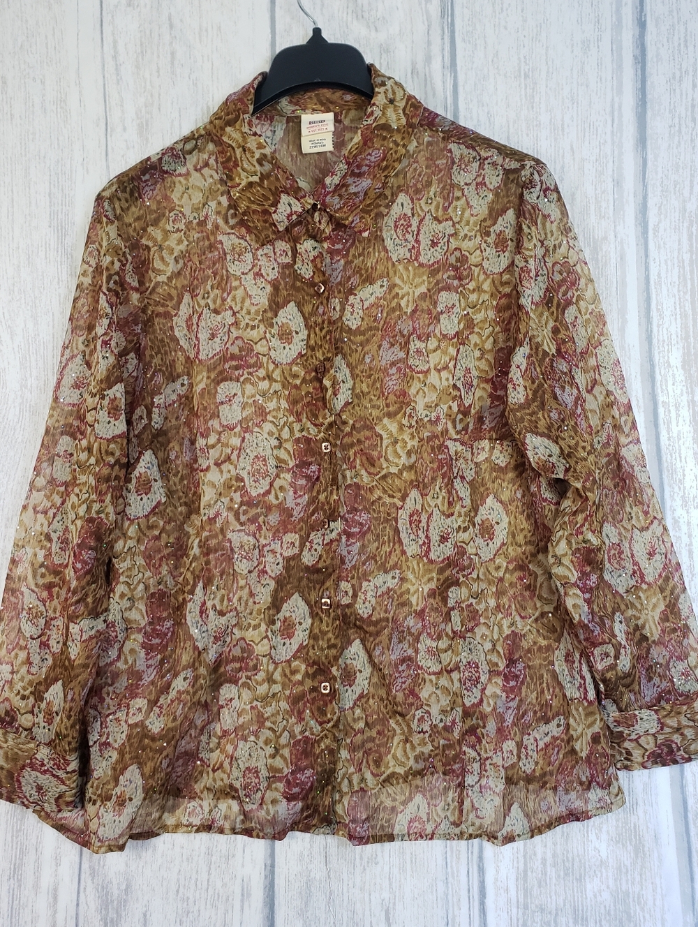 Faded Glory Sheer Floral Sheer Sparkly Button-Up Blouse - Sz 22W/24W - 3X